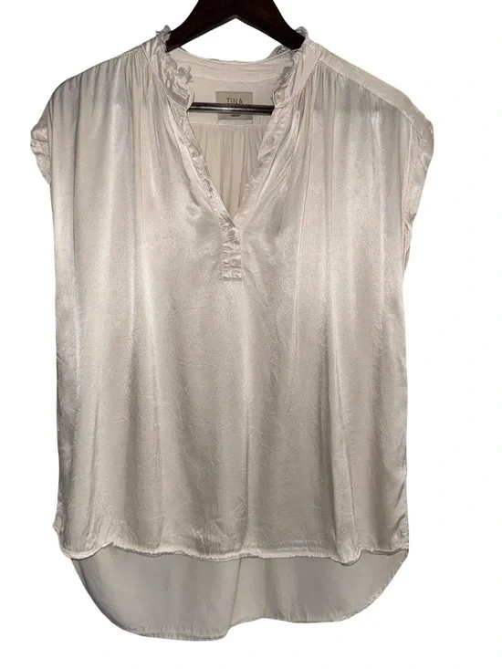 Tina Jo Ivory Satin Blouse Cap Sleeve Ruffle Neck Minimal Coastal Chic wedding - Picture 2 of 6